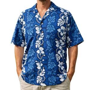 Vintage 80s Men's Medium KY’s Hawaiian Shirt Blue Floral Cotton